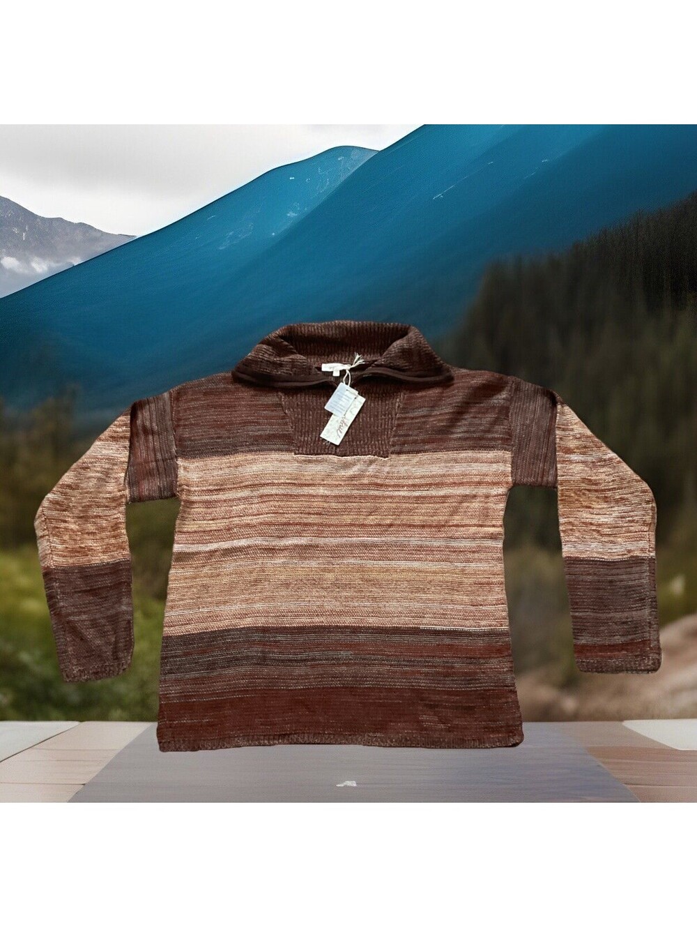 NWT Mystree Women’s Knit Sweater Brown & Tan 1/4 Zip Size Large